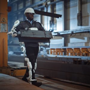 Engineer is Testing a Futuristic Bionic Exoskeleton