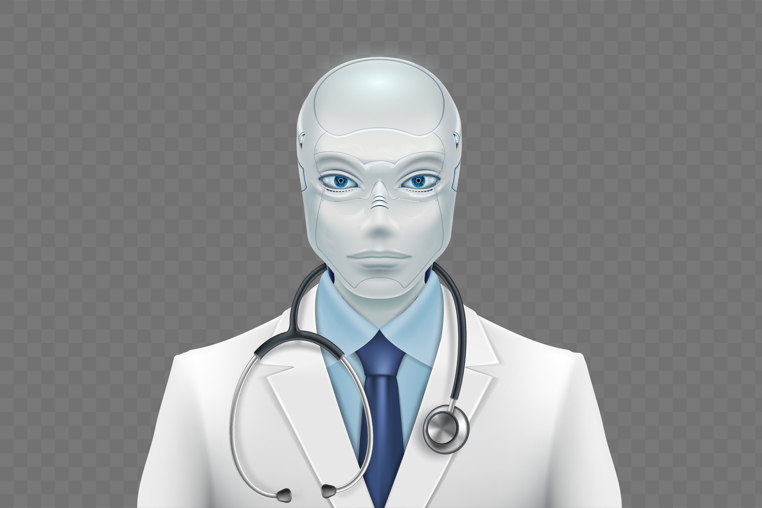 Doctor robot showcasing Artificial Intelligence in Medical Education wearing a medical coat and a stethoscope.