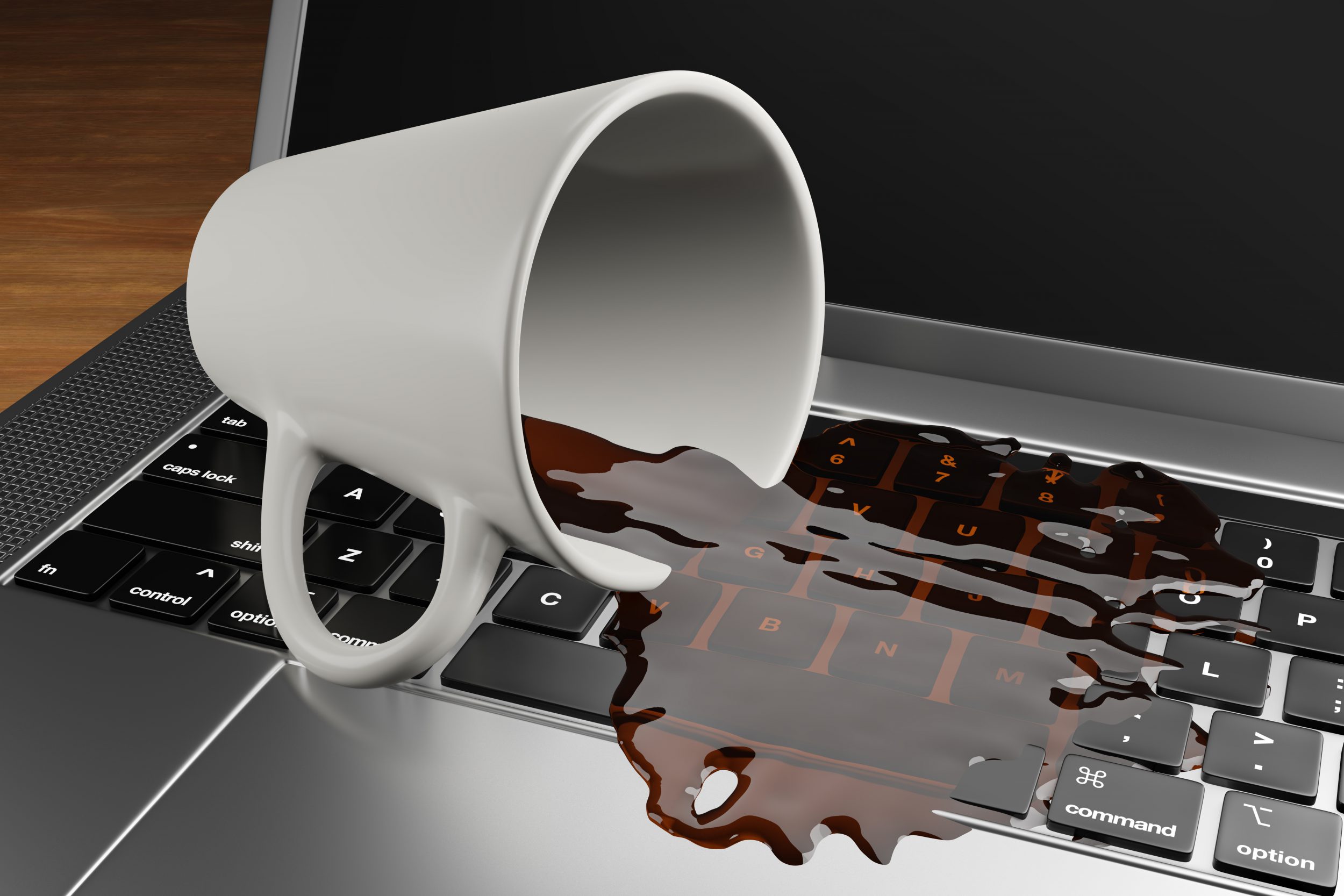 A cup of coffee spilled on the keyboard of a laptop for water in laptop