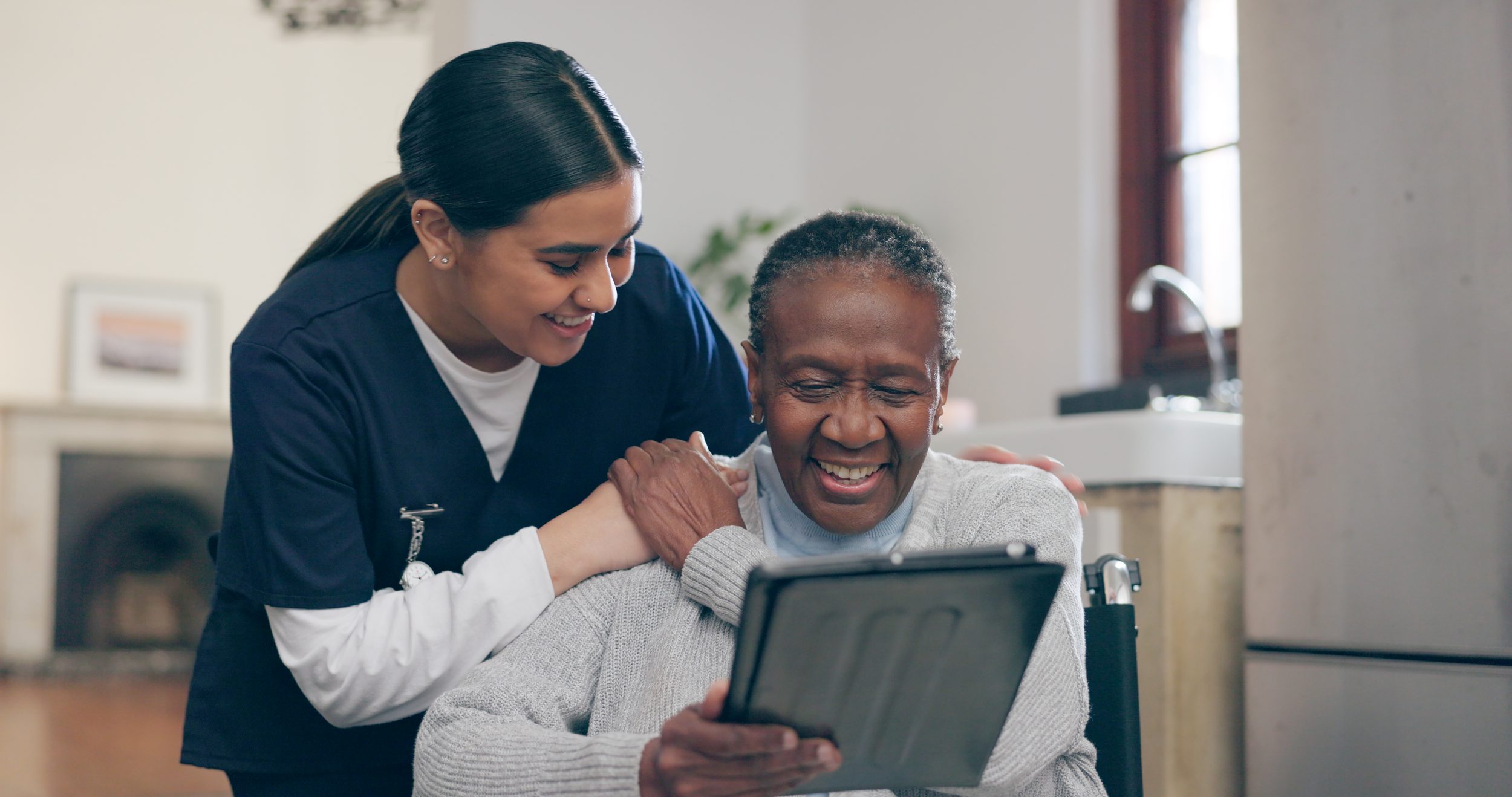 Enterprise computer for healthcare Tablet, discussion and nurse with patient for research on medical diagnosis in nursing home.